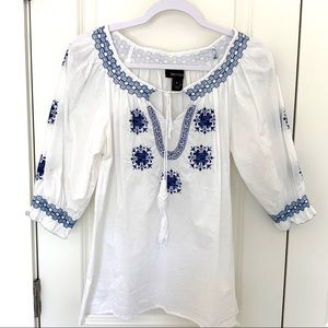 Karen Kane Bohemian Blouse with Blue Embroidery